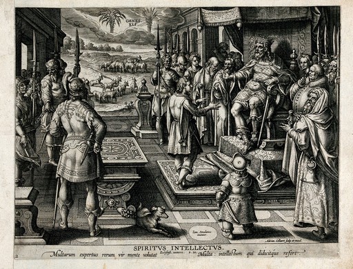 The power of understanding: Joseph's counsel to Pharaoh, to look out a man, discreet and wise, to organise the harvesting and storage of grain for the country and avoid famine. Engraving by Adrian Collaert after Jan van der Straet, 1567/1605.