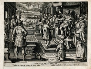 view The power of understanding: Joseph's counsel to Pharaoh, to look out a man, discreet and wise, to organise the harvesting and storage of grain for the country and avoid famine. Engraving by Adrian Collaert after Jan van der Straet, 1567/1605.