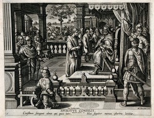 view The power of counsel: Daniel interpreting the dream related by Nebuchadnezzar. Engraving by Adrian Collaert after Jan van der Straet, 1567/1605.