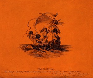 view Cupids in a sailing boat, representing the element water. Stipple engraving by A. Cardon, 1802, after A.W. Devis.