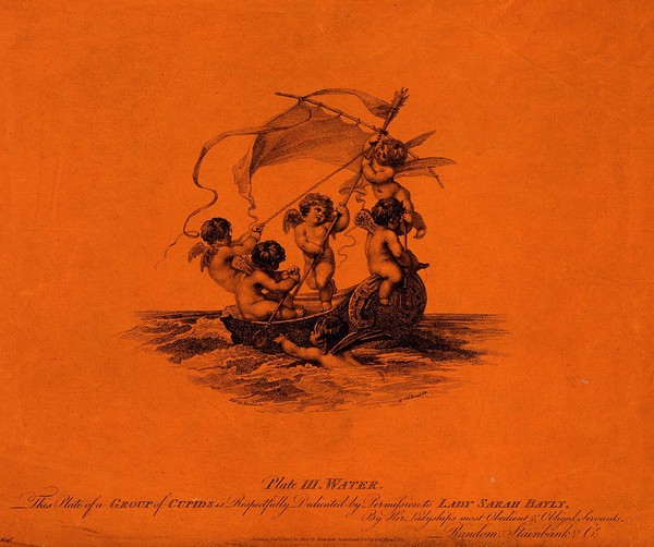 Cupids in a sailing boat, representing the element water. Stipple engraving by A. Cardon, 1802, after A.W. Devis.