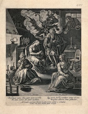 A man influenced by the devil to deprive his three daughters of an adequate dowry so that they must stay at home clothmaking. Engraving by T. Galle after J. Stradanus (Van der Straet), ca. 1600.