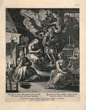 view A man influenced by the devil to deprive his three daughters of an adequate dowry so that they must stay at home clothmaking. Engraving by T. Galle after J. Stradanus (Van der Straet), ca. 1600.