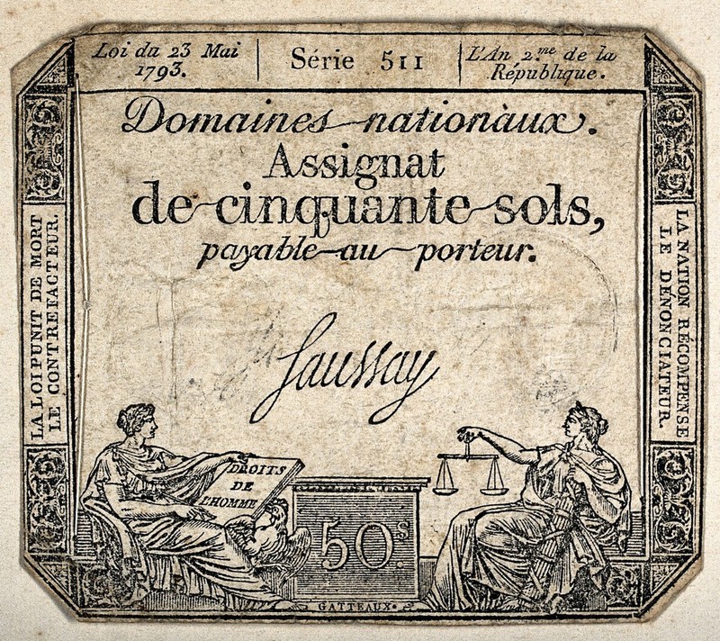 French revolutionary bank note of fifty sols, with allegorical figures of liberty and justice. Engraving by N.M. Gatteaux, 179-., [between 1790 and 1799], by Nicolas-Marie Gatteaux