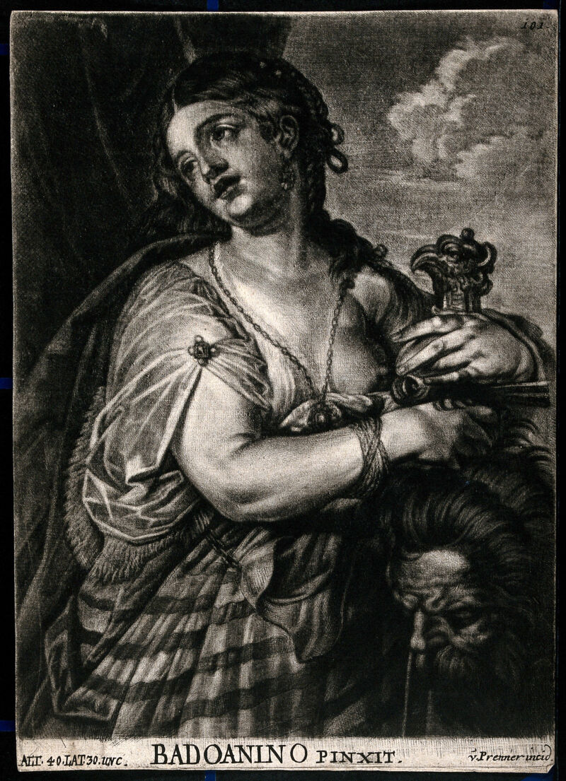 Judith with a sword holding the head of Holofernes. Mezzotint by A. von Prenner after A. Varotari, il Padovanino, ca. 1720., 1720, by Alessandro Varotari
