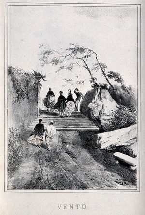 view A group of people walking in a windy weather. Lithograph by G. Gorra, 18--.