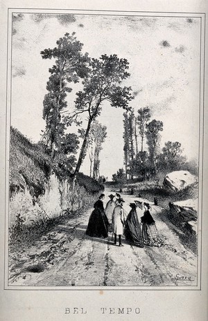 view A group of people are walking along a country lane in fine weather. Lithograph by G. Gorra, 18--.