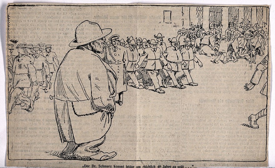 A (Jewish?) man wearing a hat is looking at a procession led by Nazi officials. Line block, ca. 1940.