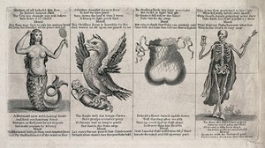 view Eve combined with a mermaid; a griffon combined with an eagle holding an infant between its claws; a purse combined with a heart; a skeleton holding an hourglass and an arrow. Engraving, ca. 1757.