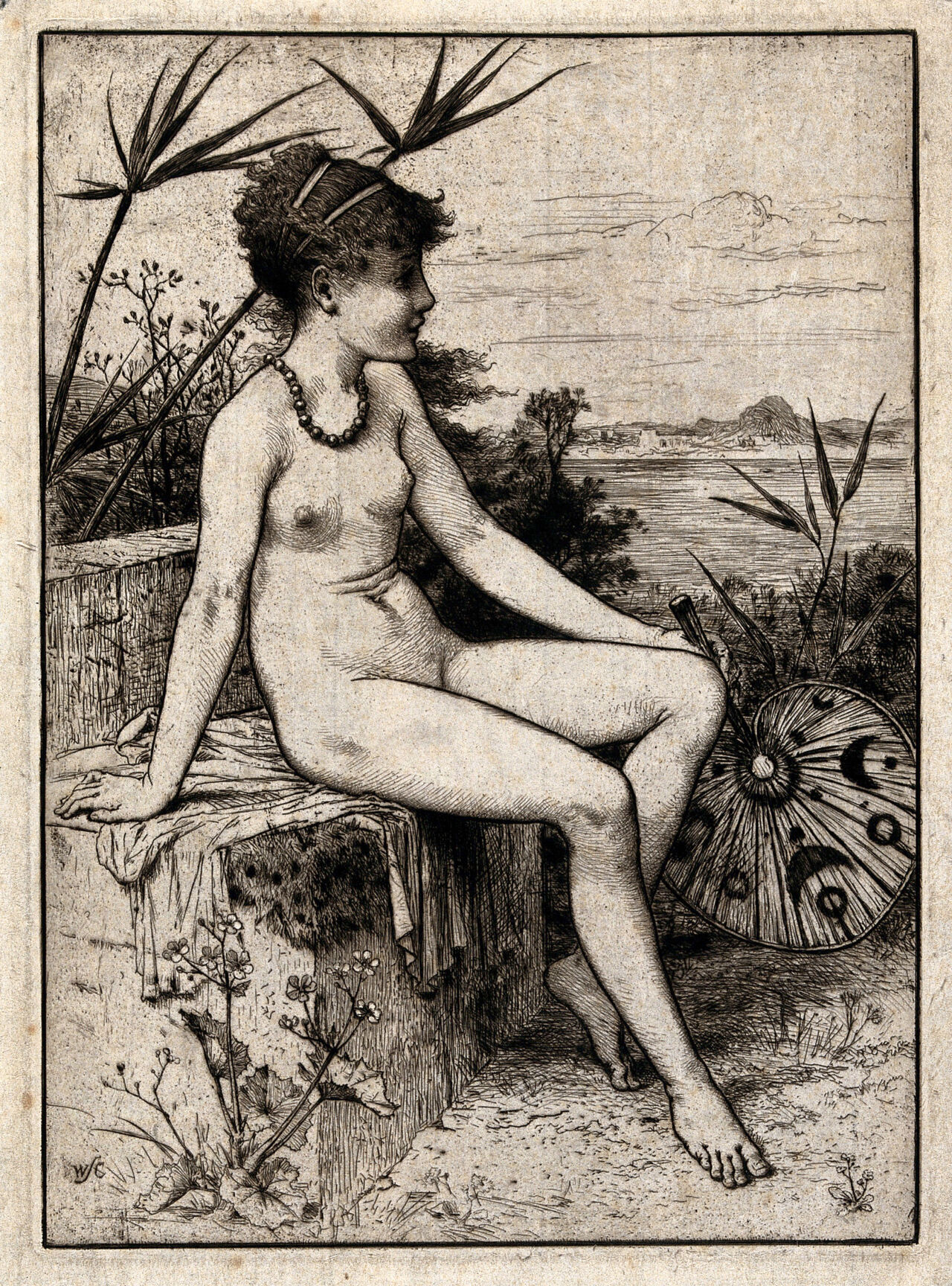 A young naked woman holding a Japanese fan is seated in a landscape. Etching by or after W.S. Coleman., 1800-1899, by William Stephen Coleman