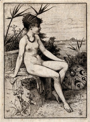 view A young naked woman holding a Japanese fan is seated in a landscape. Etching by or after W.S. Coleman.