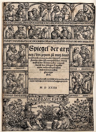 Ancient herbalists and scholars of medicinal lore (Galen, Pliny, Hippocrates etc.); and Venus and Adonis in the gardens of Adonis. Woodcut, 1532.