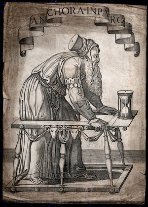 view An old man with a beard in a walking frame with an hourglass; representing lifelong learning. Engraving by A. Salamanca, 1538.