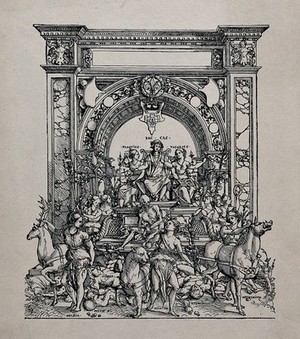 view The triumph of the physician Jacobus Castricus (Jacques van den Kasteele): allegorical figures of Practice and Theory accompany him in a chariot under a triumphal arch; in the foreground, honey, mint and artemisia and mythical beasts are tramping on the contorted bodies of plague, fever and dropsy. Process print after H. Holbein (?), ca. 1540.