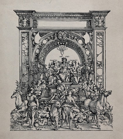 The triumph of the physician Jacobus Castricus (Jacques van den Kasteele): allegorical figures of Practice and Theory accompany him in a chariot under a triumphal arch; in the foreground, honey, mint and artemisia and mythical beasts are tramping on the contorted bodies of plague, fever and dropsy. Process print after H. Holbein (?), ca. 1540.