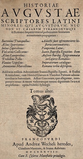 Hands clasping a caduceus with twinned cornucopias surmounted by Pegasus. Woodcut, 1588.