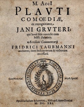 A laurel branch and a palm branch occupied by a snake and a dove; representing success when cunning (the snake) is allied to simplicity (the dove). Woodcut and letterpress, 1621.