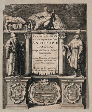 view Above, a man studying the entrails of a cadaver as the microcosm, with the macrocosm behind; below, Hippocrates, holding the staff of Aesculapius, and Galen; bottom, instruments for anatomy and surgery. Engraving by A. Santvoort, ca. 1650.
