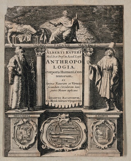 Above, a man studying the entrails of a cadaver as the microcosm, with the macrocosm behind; below, Hippocrates, holding the staff of Aesculapius, and Galen; bottom, instruments for anatomy and surgery. Engraving by A. Santvoort, ca. 1650.