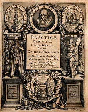 view Above, portrait of Daniel Sennert in a roundel; centre, a man representing Experience holds the staff of Aesculapius and a lily, while a woman representing Reason holds a balance and a torch; below, Hippocrates and Hermes shake hands, representing the union of herbal and chemical medicine. Engraving by M. Merian, ca. 1631.