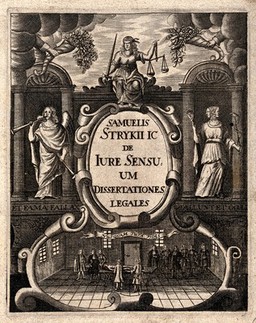The fallibility of the senses: above, justice, fame and deceit; below, doctors conducting an autopsy on a cadaver, surrounded by onlookers. Engraving, 1692.