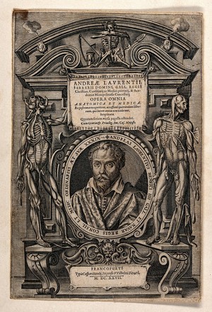 view The portrait of Andreas Laurentius (Dulaurens) within a frame decorated with a pediment, scrollwork and écorché figures. Engraving, 1627.