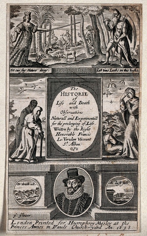 The arts of Minerva reduce the power of Time to end life, but death from old age or from plague still exists. Engraving by G. Glover, 1639