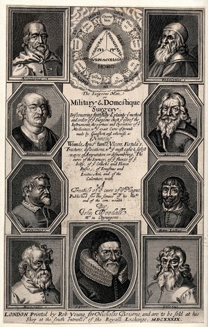 view The Tetragrammaton and orders of heaven surmounting portraits of famous medical philosophers (Aesculapius, Hippocrates, Galen, Avicenna etc.) and John Woodall. Engraving by G. Glover, 1639.