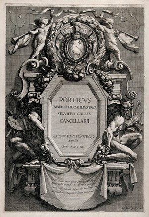 view The library of Pierre Séguier:  painting and music support putti trumpeting the fame of the library. Engraving by M. Dorigny after S. Vouet, 1640.