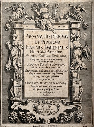 view A frame decorated with allegorical figures, swags and scrollwork; representing the Musaeum historicum et physicum of Giovanni Imperiale. Engraving, 1640.