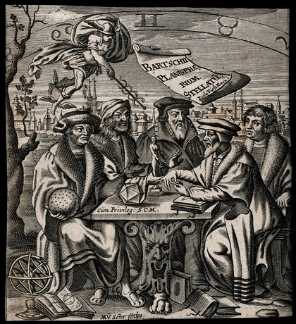 Five men sitting around a table; Hermes flying in the sky, holding the caduceus and a scroll of paper; a city (Nuremberg) in the background. Engraving by M. van Somer, 1661.