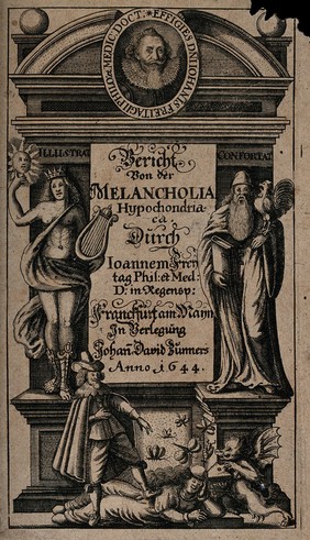 A baroque monument decorated with Apollo holding a lyre and Aesculapius holding a book and a cockerel; a portrait of Johann Freitag the Younger in a roundel on the pediment. Engraving, 1644.