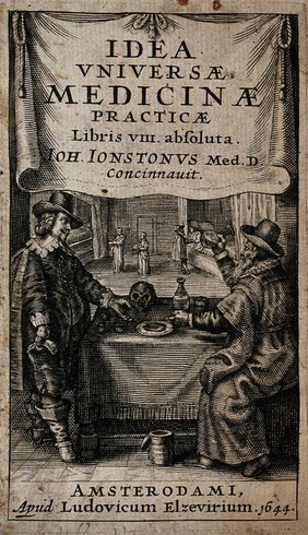 A man consulting a physician who examines a flask of his urine. Engraving, 1644.