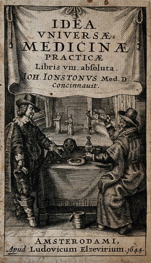 view A man consulting a physician who examines a flask of his urine. Engraving, 1644.