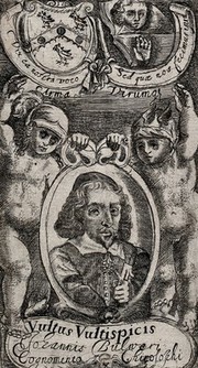 Two putti supporting a roundel with the portrait of John Bulwer; above, coat of arms. Etching, ca. 1650.