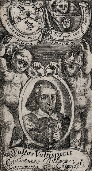 view Two putti supporting a roundel with the portrait of John Bulwer; above, coat of arms. Etching, ca. 1650.