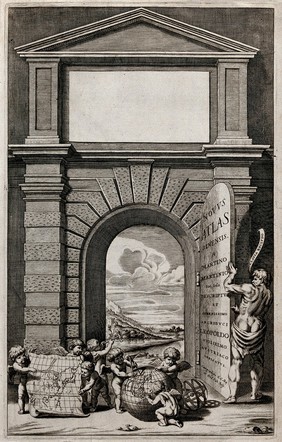 A man is opening a door to reveal the landscape of China; cherubim playing with a map and a globe showing China as described by Martino Martini. Engraving, ca. 1655.