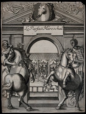 Two men with horses in front of a classical monument decorated with the head of a horse on the pediment; horse-riders in the background. Engraving after J. de Solleysel, 17--.