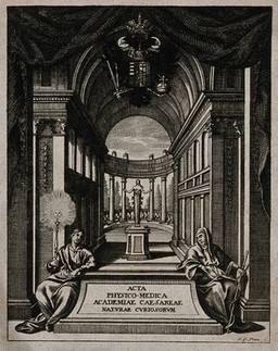 A palatial building representing the Academia Caesareo-Leopoldina Naturae Curiosorum, surmounted by a coat of arms; two seated figures in the foreground. Engraving by J.G. Pintz, 17--.