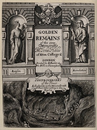 Above, allegorical figures of Reason and Revelation, standing in niches; below, men and devils digging in a saltmine. Engraving, 1670/1685, after W. Hollar, 1659.