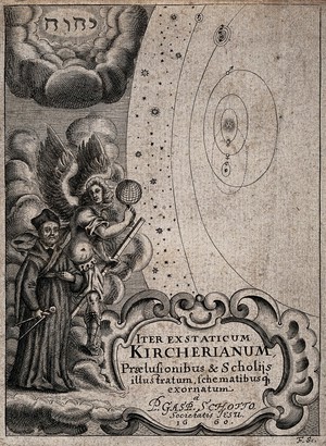 view Athanasius Kircher being guided by an archangel to the celestial spheres. Engraving by J.F. Fleischberger, 1660.