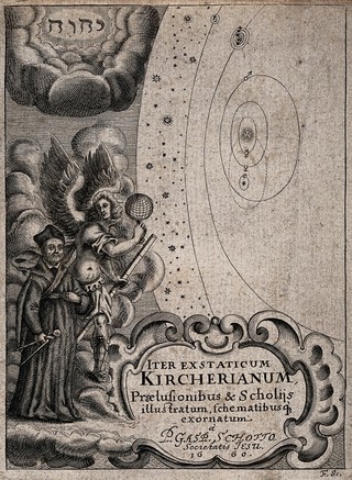 Athanasius Kircher being guided by an archangel to the celestial spheres. Engraving by J.F. Fleischberger, 1660.