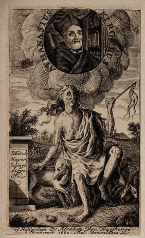 An old woman representing the plague; above her, portrait of Athanasius Kircher. Process print, 1922, of an engraving, 1669.