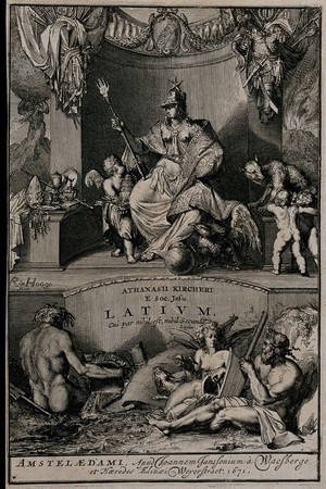 view Above, a seated woman representing Latium (Lazio) or Rome; below, a triton, a river god and a winged woman, representing the Tiber. Etching by R. de Hooghe, 1671.