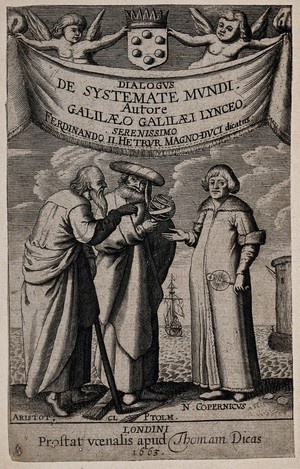 view Aristotle and Ptolemy discuss with Copernicus their respective views on the movements of the Sun and the Earth. Engraving, 1663, after S. Della Bella, 1632.