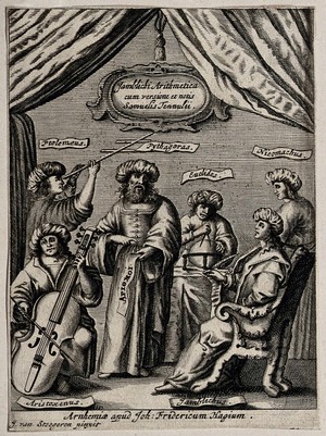 view Mathematicians: Ptolemy, Pythagoras, Euclid, Nicomachus, Aristoxenus and Iamblichus. Engraving after J. van Steegeren, 1667 or 1668.