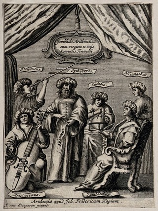 Mathematicians: Ptolemy, Pythagoras, Euclid, Nicomachus, Aristoxenus and Iamblichus. Engraving after J. van Steegeren, 1667 or 1668.