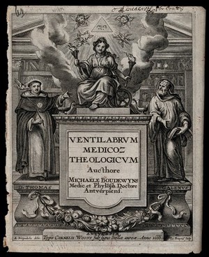 view An allegorical figure holding torches seated on a baroque monument; the symbols of the four evangelists above her, and Saint Thomas Aquinas and Galen at her side. Engraving by Jacob Bruynel after A. van Diepenbeeck, 1666.