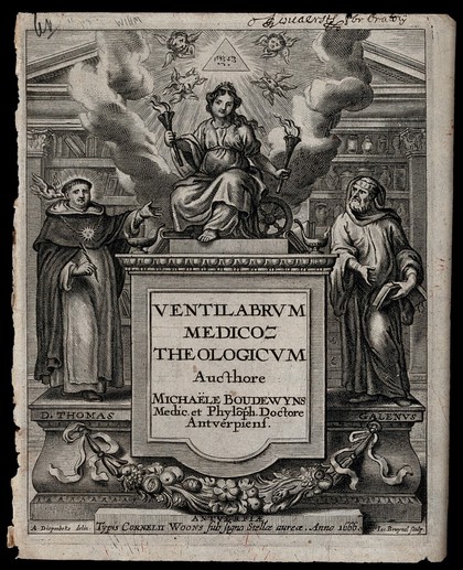 An allegorical figure holding torches seated on a baroque monument; the symbols of the four evangelists above her, and Saint Thomas Aquinas and Galen at her side. Engraving by Jacob Bruynel after A. van Diepenbeeck, 1666.