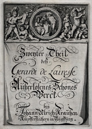 Athena, Hermes and Apollo; putti holding various objects; calligraphic lettering. Engraving by Johann Ulrich Krauss after G. de Lairesse, ca. 1 (?).